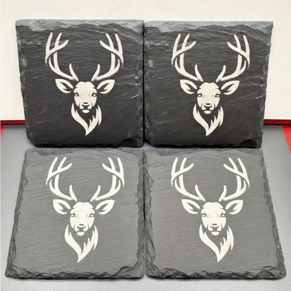 Slate Stag Coasters - Black Deer Slate Drink Coasters (Set‎ of 4) Laser Engraved